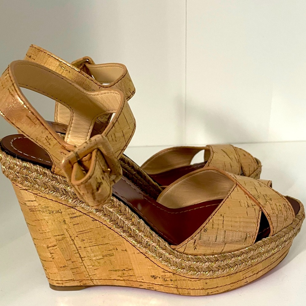 Beautiful new Christian Louboutin cork and gold espadrille’s.